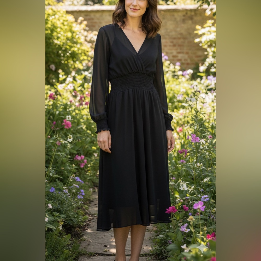 Vintage Samuel Blue Sheer Faux Wrap Smocked Long Sleeve‎ Cocktail Dress 12